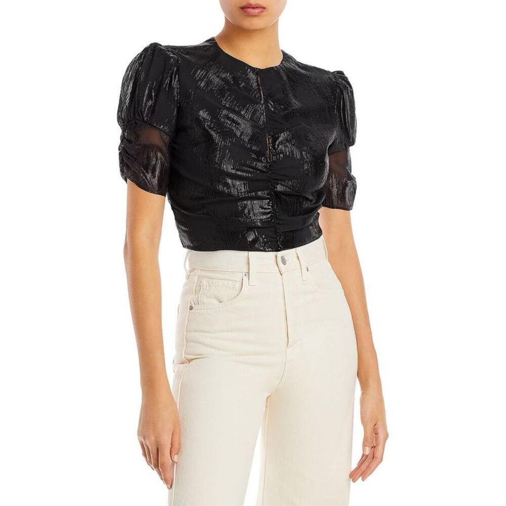FRAME Womens Black Silk Blend Metallic Ruched Blouse Top NWOT